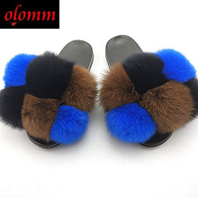 Load image into Gallery viewer, Pom Pom Fur Slippers For Women Fluffy Real Fox Fur Slides Furry