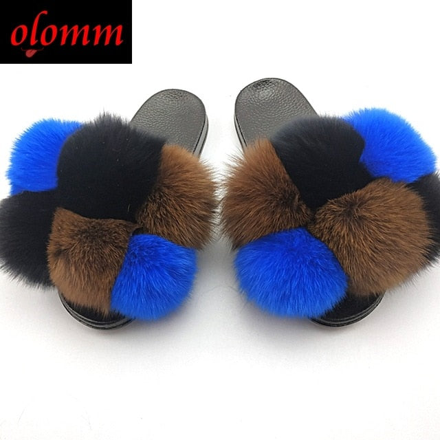  LVCOMEFF Women Real Fox Fur Sandals Slides Gray Yellow Blue  Pink Color Slippers Summer Fluffy | Slippers