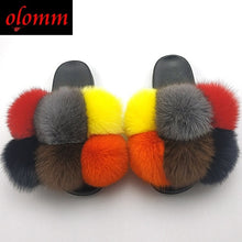 Load image into Gallery viewer, Pom Pom Fur Slippers For Women Fluffy Real Fox Fur Slides Furry