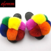 Load image into Gallery viewer, Pom Pom Fur Slippers For Women Fluffy Real Fox Fur Slides Furry