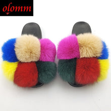 Load image into Gallery viewer, Pom Pom Fur Slippers For Women Fluffy Real Fox Fur Slides Furry