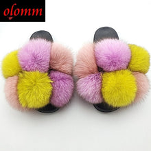 Load image into Gallery viewer, Pom Pom Fur Slippers For Women Fluffy Real Fox Fur Slides Furry