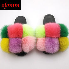 Load image into Gallery viewer, Pom Pom Fur Slippers For Women Fluffy Real Fox Fur Slides Furry