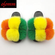 Load image into Gallery viewer, Pom Pom Fur Slippers For Women Fluffy Real Fox Fur Slides Furry