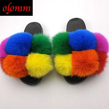 Load image into Gallery viewer, Pom Pom Fur Slippers For Women Fluffy Real Fox Fur Slides Furry