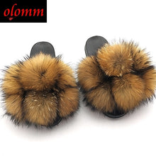 Load image into Gallery viewer, Pom Pom Fur Slippers For Women Fluffy Real Fox Fur Slides Furry