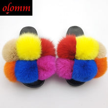 Load image into Gallery viewer, Pom Pom Fur Slippers For Women Fluffy Real Fox Fur Slides Furry