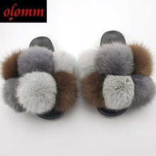 Load image into Gallery viewer, Pom Pom Fur Slippers For Women Fluffy Real Fox Fur Slides Furry