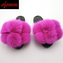 Load image into Gallery viewer, Pom Pom Fur Slippers For Women Fluffy Real Fox Fur Slides Furry