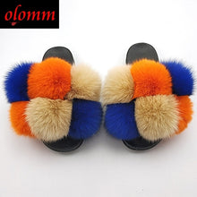Load image into Gallery viewer, Pom Pom Fur Slippers For Women Fluffy Real Fox Fur Slides Furry