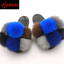 Load image into Gallery viewer, Pom Pom Fur Slippers For Women Fluffy Real Fox Fur Slides Furry