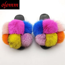 Load image into Gallery viewer, Pom Pom Fur Slippers For Women Fluffy Real Fox Fur Slides Furry