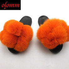 Load image into Gallery viewer, Pom Pom Fur Slippers For Women Fluffy Real Fox Fur Slides Furry