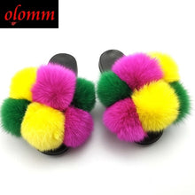 Load image into Gallery viewer, Pom Pom Fur Slippers For Women Fluffy Real Fox Fur Slides Furry