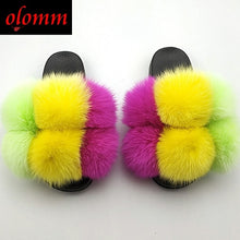 Load image into Gallery viewer, Pom Pom Fur Slippers For Women Fluffy Real Fox Fur Slides Furry