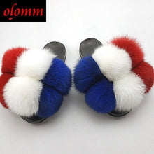 Load image into Gallery viewer, Pom Pom Fur Slippers For Women Fluffy Real Fox Fur Slides Furry