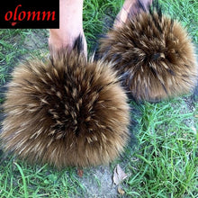 Load image into Gallery viewer, Pom Pom Fur Slippers For Women Fluffy Real Fox Fur Slides Furry