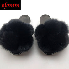 Load image into Gallery viewer, Pom Pom Fur Slippers For Women Fluffy Real Fox Fur Slides Furry