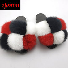 Load image into Gallery viewer, Pom Pom Fur Slippers For Women Fluffy Real Fox Fur Slides Furry