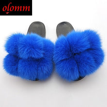 Load image into Gallery viewer, Pom Pom Fur Slippers For Women Fluffy Real Fox Fur Slides Furry