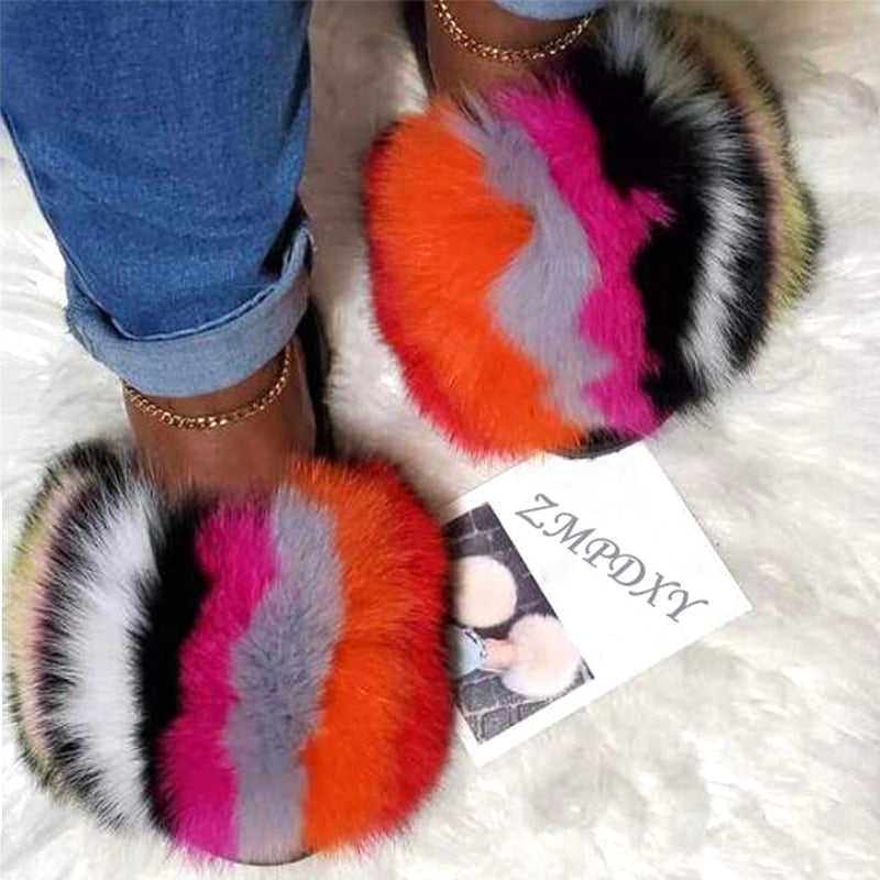 Flip Flops Woman Plush, Fox Fur Slides Women