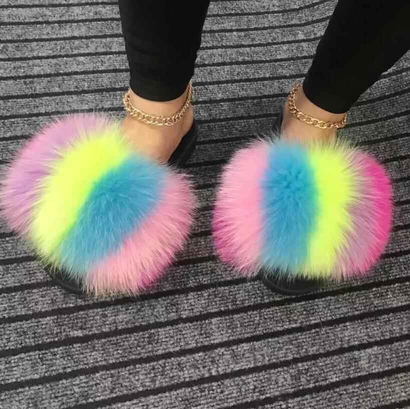 Pastel Multi-Color Fur Slides For Women Fluffy Hot Sale Summer Amazing Furry Sandals Non-slip Fluffy Plush Shoes Brand Luxury Slides Fur Slippers