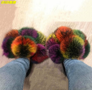 Pom Pom Fur Slippers For Women Fluffy Real Fox Fur Slides Furry