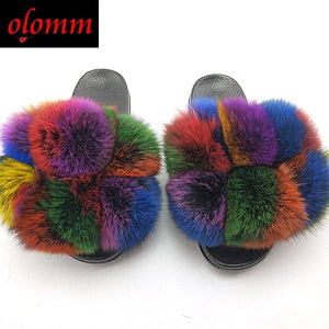 Pom Pom Fur Slippers For Women Fluffy Real Fox Fur Slides Furry