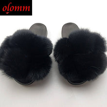 Load image into Gallery viewer, Pom Pom Fur Slippers For Women Fluffy Real Fox Fur Slides Furry
